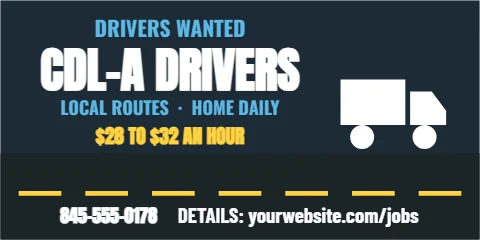 Banner template, CDL-A drivers, on the road, reading "DRIVERS WANTED", "CDL-A DRIVERS" and "$28 TO $32 AN HOUR", in charcoal and navy