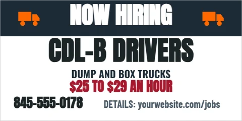 Banner template, class B drivers, reading "NOW HIRING", "CDL-B DRIVERS" and "$25 TO $29 AN HOUR", in navy and white