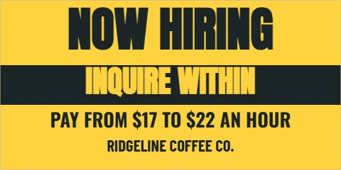Banner template, now hiring, inquire within, reading "NOW HIRING", "INQUIRE WITHIN" and "PAY FROM $17 TO $22 AN HOUR", in charcoal and yellow