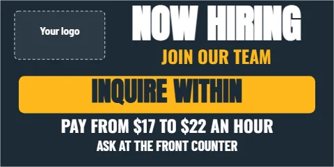 Banner template, join our team, inquire within, navy, reading "NOW HIRING", "JOIN OUR TEAM" and "INQUIRE WITHIN", in gold and navy, with a space for your logo