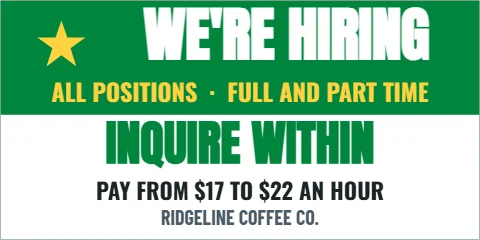 Banner template, we're hiring, all positions, inquire within, reading "WE'RE HIRING", "ALL POSITIONS · FULL AND PART TIME" and "INQUIRE WITHIN", in white and green