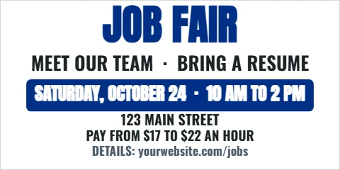 Banner template, job fair, reading "JOB FAIR", "MEET OUR TEAM · BRING A RESUME" and "123 MAIN STREET", in blue and white