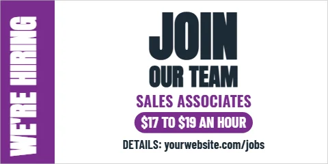 Banner template, join our team, store, reading "JOIN", "OUR TEAM" and "WE'RE HIRING", in purple and white