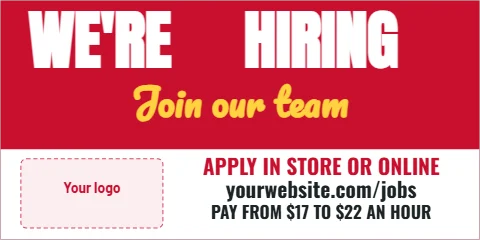 Banner template, we're hiring, join our team, reading "HIRING", "WE'RE" and "Join our team", in white and red, with a space for your logo