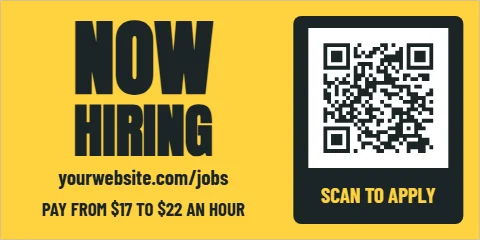 Banner template, now hiring, scan to apply, reading "NOW", "HIRING" and "yourwebsite.com/jobs", in charcoal and yellow, with a QR code