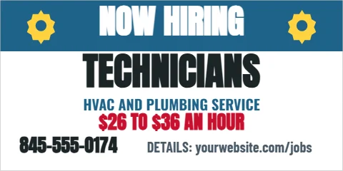 Banner template, service technicians, reading "NOW HIRING", "TECHNICIANS" and "$26 TO $36 AN HOUR", in steel blue and white