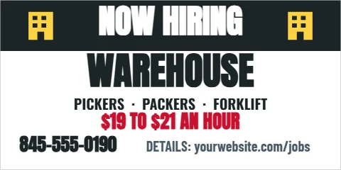 Banner template, warehouse associates, reading "NOW HIRING", "WAREHOUSE" and "$19 TO $21 AN HOUR", in charcoal and white