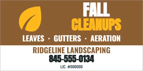 Banner template, fall cleanups, reading "FALL", "CLEANUPS" and "845-555-0134", in white and brown