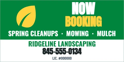 Banner template, now booking, spring, reading "NOW", "BOOKING" and "845-555-0134", in white and green