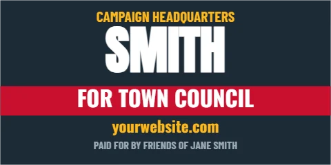 Banner template, campaign headquarters, reading "SMITH", "FOR TOWN COUNCIL" and "yourwebsite.com", in red and navy