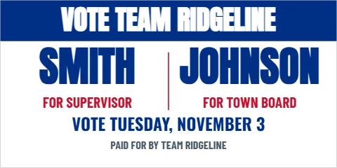 Banner template, slate, two candidates, reading "VOTE TEAM RIDGELINE", "SMITH" and "JOHNSON", in blue and white