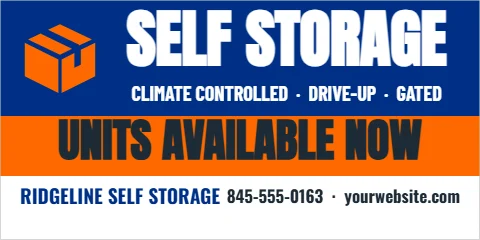 Banner template, self storage, units available, reading "SELF STORAGE", "CLIMATE CONTROLLED · DRIVE-UP ·…" and "UNITS AVAILABLE NOW", in blue and white
