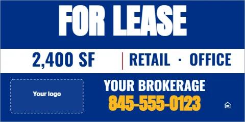 Banner template, commercial space for lease, reading "FOR LEASE", "2,400 SF" and "845-555-0123", in white and blue, with a space for your logo