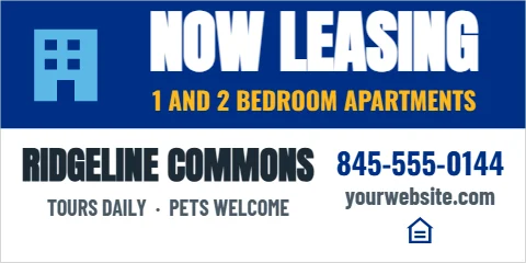 Banner template, now leasing, apartments, reading "NOW LEASING", "RIDGELINE COMMONS" and "845-555-0144", in blue and white