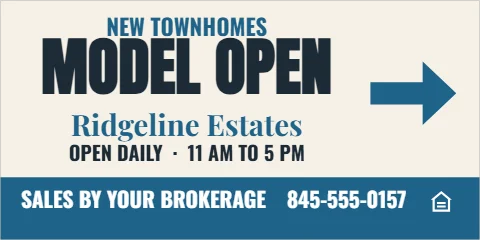 Banner template, new homes, model open, reading "NEW TOWNHOMES", "MODEL OPEN" and "Ridgeline Estates", in steel blue and cream