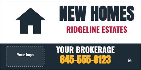 Banner template, new construction, reading "NEW HOMES", "RIDGELINE ESTATES" and "845-555-0123", in navy and white, with a space for your logo