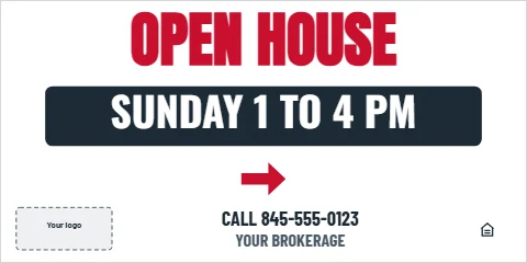 Banner template, open house, reading "OPEN HOUSE", "SUNDAY 1 TO 4 PM" and "CALL 845-555-0123", in navy and white, with a space for your logo