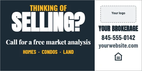 Banner template, thinking of selling?, reading "THINKING OF", "SELLING?" and "845-555-0142", in white and navy, with a space for your logo