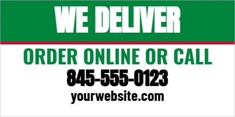 Banner template, we deliver, reading "WE DELIVER", "ORDER ONLINE OR CALL" and "845-555-0123", in green and white