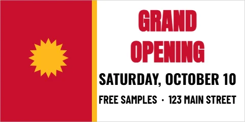 Banner template, grand opening, burst, reading "GRAND", "OPENING" and "SATURDAY, OCTOBER 10", in red and white