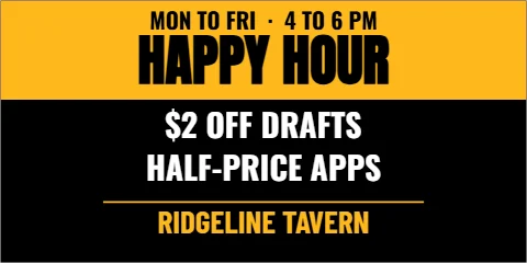 Banner template, happy hour, reading "HAPPY HOUR", "$2 OFF DRAFTS" and "HALF-PRICE APPS", in gold and black