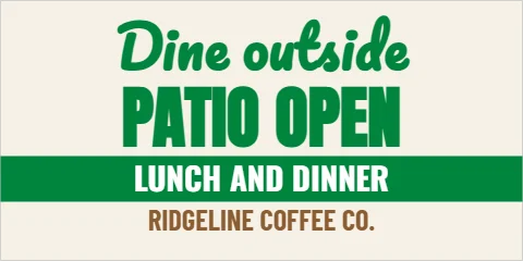 Banner template, patio now open, reading "Dine outside", "PATIO OPEN" and "LUNCH AND DINNER", in green and cream