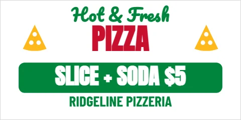 Banner template, pizza, slice deal, reading "Hot & Fresh", "PIZZA" and "SLICE + SODA $5", in green and white