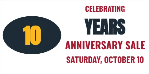 Banner template, anniversary sale, reading "YEARS", "10" and "ANNIVERSARY SALE", in navy and white