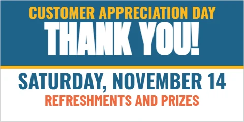 Banner template, customer appreciation day, reading "THANK YOU!", "SATURDAY, NOVEMBER 14" and "REFRESHMENTS AND PRIZES", in steel blue and white