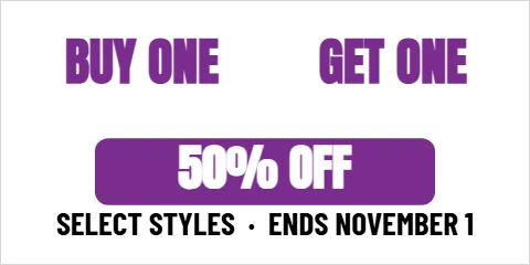 Banner template, buy one, get one, reading "BUY ONE", "GET ONE" and "50% OFF", in purple and white