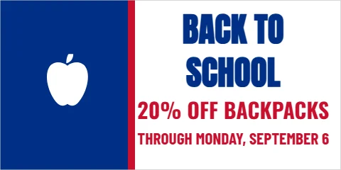 Banner template, back to school sale, reading "BACK TO", "SCHOOL" and "20% OFF BACKPACKS", in blue and white