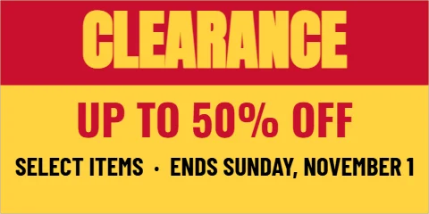 Banner template, clearance, reading "CLEARANCE", "UP TO 50% OFF" and "SELECT ITEMS · ENDS SUNDAY,…", in red and yellow