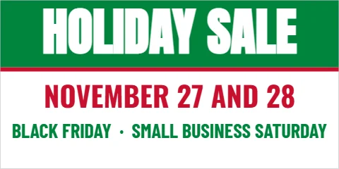 Banner template, holiday sale weekend, reading "HOLIDAY SALE", "NOVEMBER 27 AND 28" and "BLACK FRIDAY · SMALL BUSINESS…", in green and white