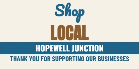 Banner template, shop local, reading "Shop", "LOCAL" and "HOPEWELL JUNCTION", in steel blue and cream