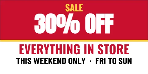 Banner template, weekend sale, band, reading "SALE", "30% OFF" and "EVERYTHING IN STORE", in red and white
