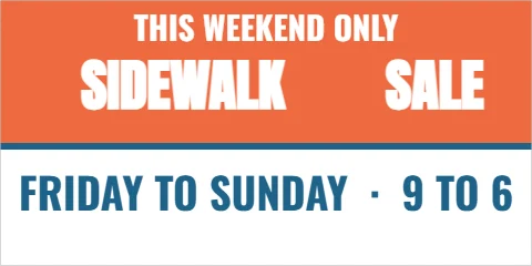 Banner template, sidewalk sale, reading "SIDEWALK", "SALE" and "FRIDAY TO SUNDAY · 9 TO 6", in coral and white