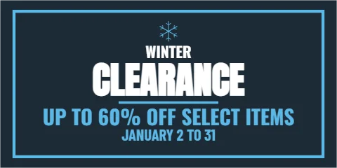 Banner template, winter clearance, reading "CLEARANCE", "UP TO 60% OFF SELECT ITEMS" and "JANUARY 2 TO 31", in navy