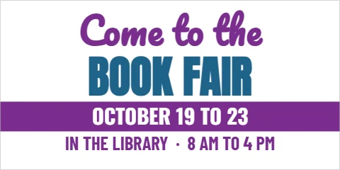 Banner template, book fair, reading "Come to the", "BOOK FAIR" and "OCTOBER 19 TO 23", in purple and white