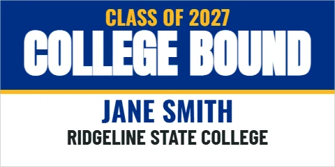 Banner template, college bound, reading "COLLEGE BOUND", "JANE SMITH" and "RIDGELINE STATE COLLEGE", in blue and white