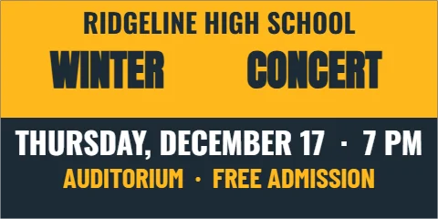 Banner template, winter concert, reading "WINTER", "CONCERT" and "AUDITORIUM · FREE ADMISSION", in gold and navy