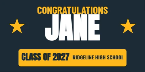 Banner template, congrats, graduate, reading "CONGRATULATIONS", "JANE" and "CLASS OF 2027", in gold and navy