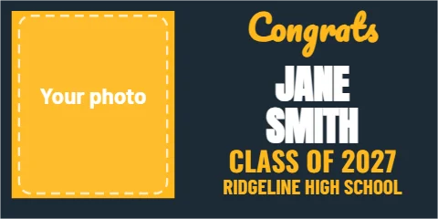 Banner template, graduate with photo, reading "Congrats", "JANE" and "SMITH", in gold and navy, with a space for your logo