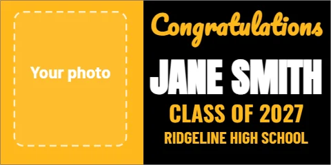 Banner template, graduation banner, photo, reading "Congratulations", "JANE SMITH" and "CLASS OF 2027", in gold and black, with a space for your logo