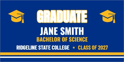 Banner template, college graduate, varsity, reading "GRADUATE", "JANE SMITH" and "BACHELOR OF SCIENCE", in blue
