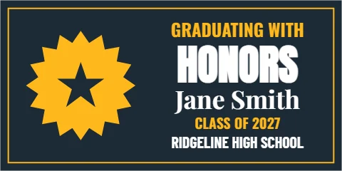 Banner template, graduating with honors, gold seal, reading "GRADUATING WITH", "HONORS" and "Jane Smith", in navy
