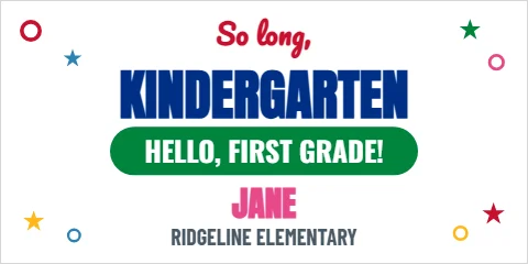 Banner template, so long, kindergarten, reading "So long,", "KINDERGARTEN" and "JANE", in white