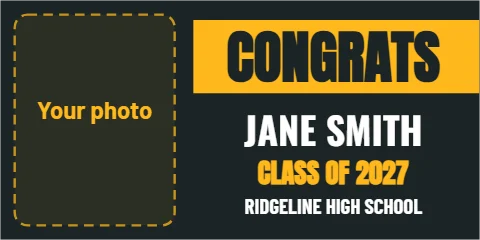 Banner template, graduate photo, gold band, reading "CONGRATS", "JANE SMITH" and "CLASS OF 2027", in gold and charcoal, with a space for your logo