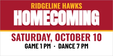 Banner template, homecoming, reading "HOMECOMING", "SATURDAY, OCTOBER 10" and "GAME 1 PM · DANCE 7 PM", in maroon and white