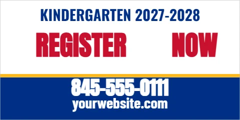 Banner template, kindergarten registration, reading "REGISTER", "NOW" and "845-555-0111", in blue and white