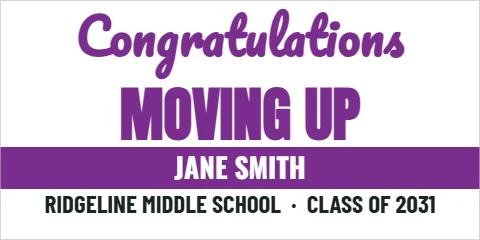 Banner template, moving up banner, reading "Congratulations", "MOVING UP" and "JANE SMITH", in purple and white